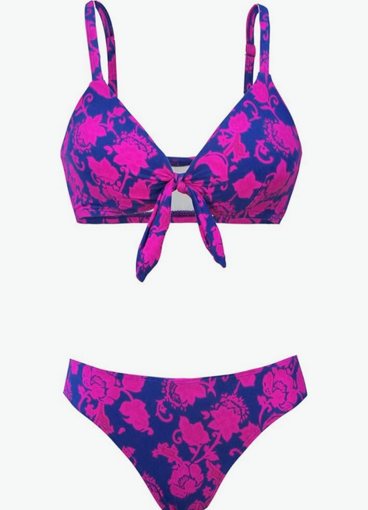 Purple Floral Print Not Bunny Tie Two Piece Bikini Set