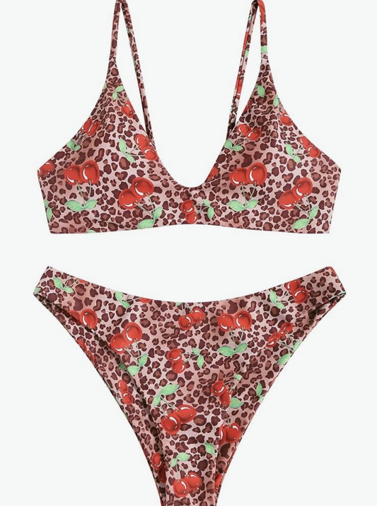 cherry + cheetah Tie Back Padded High Cut Two Piece Bikini Set