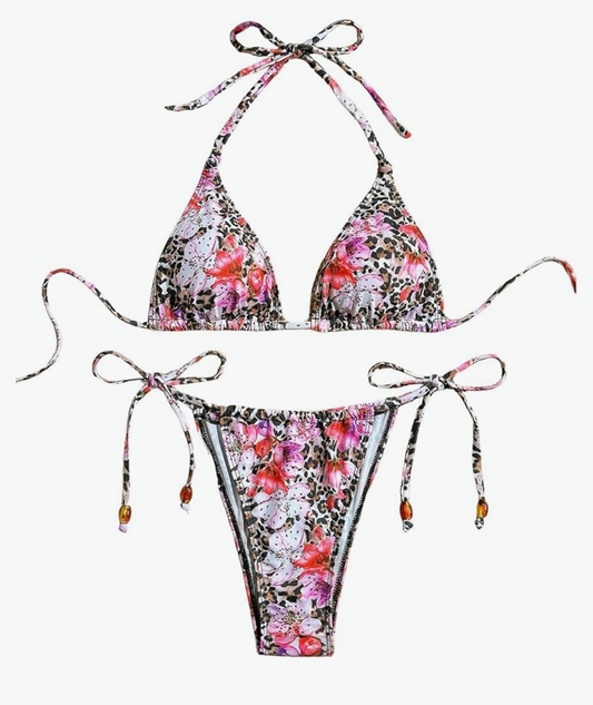 Cheetah + Floral Print Swim Suit Halter Triangle Tie Bikini Set