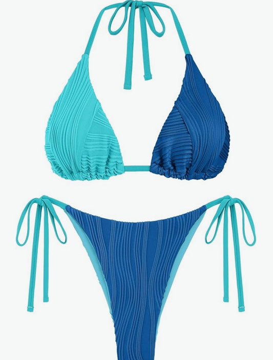 Two Piece Halter Ribbed High Cut Tie Side Thong Sexy Padded Bikini