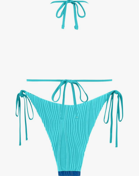 Two Piece Halter Ribbed High Cut Tie Side Thong Sexy Padded Bikini